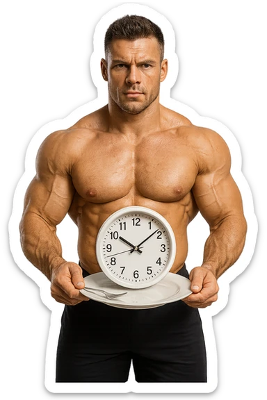 bodybuilder che ha un piatto in mano con un orologio che simboleggia il digiuno intermittente, iperrealistico 4k sticker