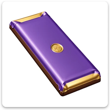 3D chocolate bar, shiny and smooth surface, partially unwrapped in a purple and gold foil wrapper, minimal but elegant design, rich brown chocolate with glossy highlights, stylized and iconic, no text or branding, isolated on white background, soft shadows, high-quality render sticker