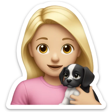 little blonde girl in a pink shirt with a black and white puppy sticker