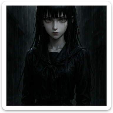 EchoMoon, silent mysterious anime girl, long black hair, sharp bangs, pale skin, amber green eyes, cold beauty, wet black school uniform, gloves, standing in rain, cinematic noir atmosphere, dramatic shadows, gothic shoujo, ultra-detailed sticker