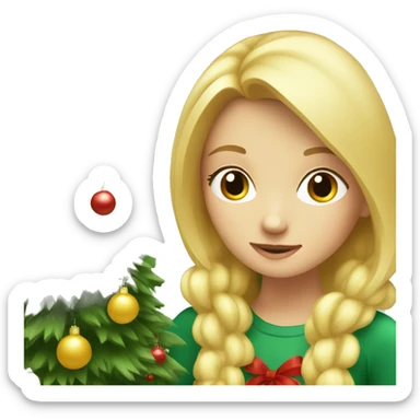 Blond Girl decorating a Christmas tree sticker