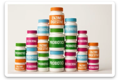 montagna di barattoli di integratori tipo "ENZIMI DIGESTIVI", "PREBIOTICI", "PROBIOTICI", "BERBERINA" con etichette in italiano sticker