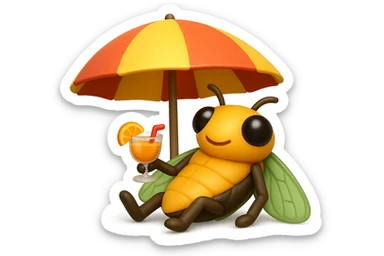 EMOJI STILE IPHONE 3D DI UNA CICALA CHE STA RILASSATA SEDUTA SOTTO L'OMBRELLONE IN SPIAGGIA CON UN COCKTAIL IN MANO sticker