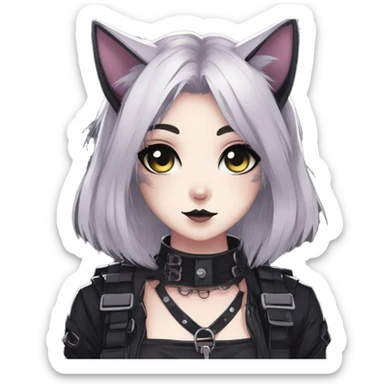 Gorgeous gothic dark techwear anime style anthro cat with blushing face aesthetic and pretty edgy black with collar and harness trending style sticker