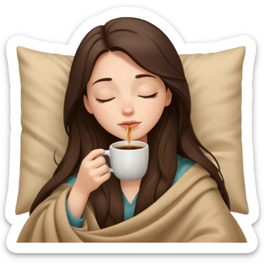 Brunette girl long hair inside a beige blanket sipping coffee eyes closed sticker