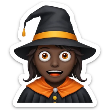 scary babadook with with black skin, brown hair and a hat that's bright orange and yellow sticker