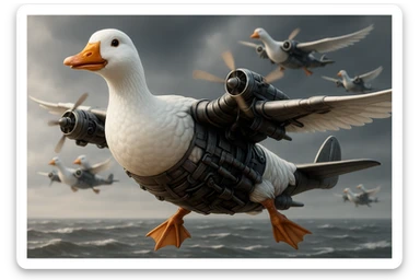 Change the expression of the goose-plane creature to happy, keeping all other details and colors the same, in a style consistent with the original image. sticker