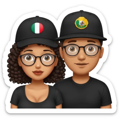 A picture of a cute tanned couple. the man is Mexican, with a bald hair cut wearing a SnapBack hat and a black shirt. the woman is mixed, she has curly longer dark brown hair, thicker and with big boobs and the woman has glasses sticker