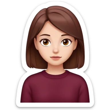 A girl with brown hair smiles, gray-brown eyes, wearing a burgundy sweater sticker