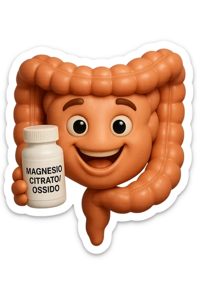 emoji stile iphone 3d di intestino umano felice che tiene in mano una boccetta di magnesio con la scritta "MAGNESIO CITRATO/OSSIDO" SULL'ETICHETTA , iperrealistico 4k sticker