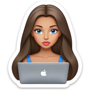 Glamours tanned very beautiful girl with big pump peach lips and dark straight smooth silky long hair, blue-grey eyes with MacBook sticker