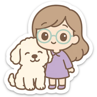 chibi style brunette female with glasses in a purple outfit with her large white or cream colored goldendoodle sticker