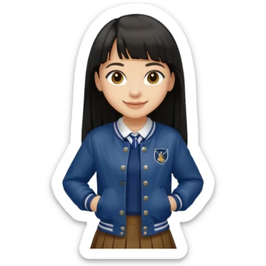 hair : black long hair with fringe 
skin : light 
cloth : brown varsity jacket + navy long long school girl skirt 


 sticker