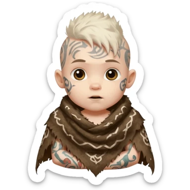 ancient hairy white baby tatooed boy, tattered animal skin shawl sticker