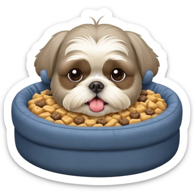 old ALL grey shih tzu in dog bed with bowl of food tongue hanging out sticker