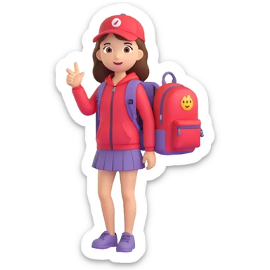 young girl with red backpack, left hand pointing up to the left, emoji style, standing pose sticker