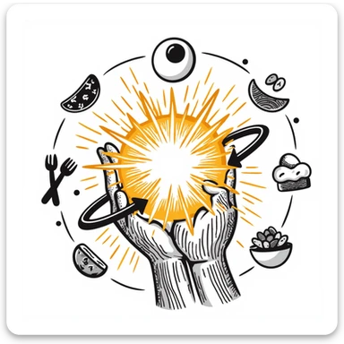 Glowing muscle fibers illuminated from within, vibrating and expanding with energy. Food icons (meat, egg, beans, tofu, yogurt) orbit around the muscle fibers in a warm floating orb. sticker