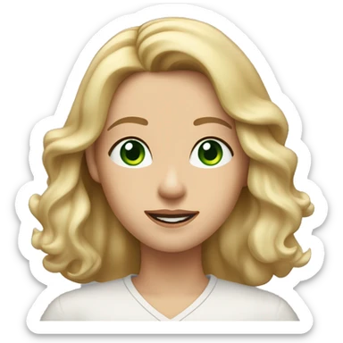 A woman with shoulder-length, wavy blonde hair, green eyes, and fair skin. She is wearing a light-colored shirt and has a neutral to slightly smiling expression. She wears two earrings at the top of her right ear and one earring in each ear. sticker