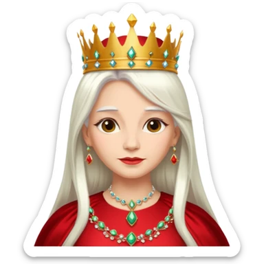 Queen with long white hair – jeweled golden crown, red dress. sticker
