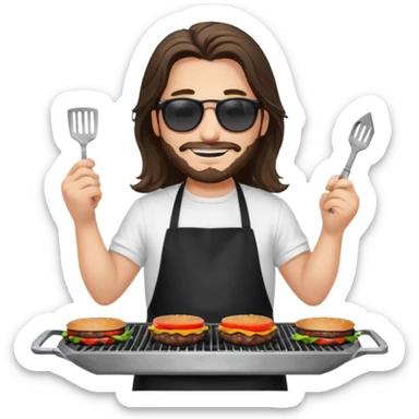 long hair man grilling wearing shade smiling in a white tshirt and a black apron grilling burger and meat on a sizzling grill sticker