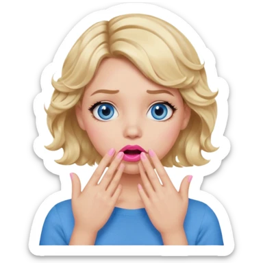 Girl Blonde short wavy hair,  blue eyes, cute blue top, long lashes, pink lips, shocked, hand over the mouth sticker