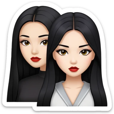 baddie with Asian and Latina features, long straight black hair, makeup, white skin sticker