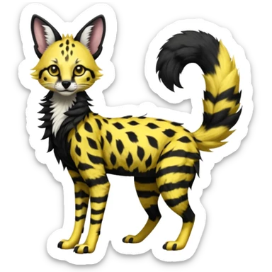 Edgy cool beautiful elegant spotted hype-realistic, black-maned, vibrant yellow Genet-Serval-Sergal-Margay-Fox-fusion-hybrid-furry-fursona, black scruffy mane on back, long muzzle snout, full body, with a long puffy fluffy black-and-white-striped tail, black long big ears, with natural blue eyes sticker
