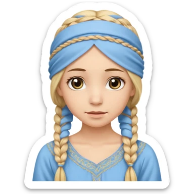 
mujer, Joven, de aspecto dulce y elegante.
Piel clara, ojos grandes y expresivos, sonrisa triste.
Rubio o castaño claro, largo, con trenzas o velo.
Vestido largo de tonos suaves (blanco, azul o lavanda), con bordados dorados; toca fina cubriendo la cabeza
 sticker