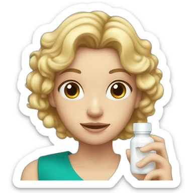 mom with hazel eyes, blond semi curly hair, teal shirt,  holding a small white pill bottle in hand sticker
