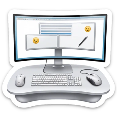 Create an emoji for UX/UI design. Two large curved monitors placed next to each other, displaying design mockups or wireframes. A mouse, keyboard, and stylus to symbolize the tools used in the design process. Do not include any emojis or smiley faces. Background transparent. sticker