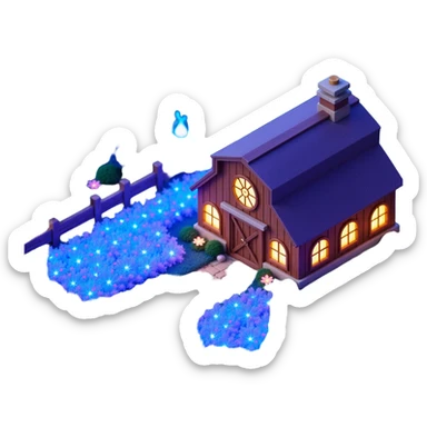 Exterior view of a magical cartoon-style farm with glowing blue and purple plants growing in neat rows, enchanted pipes winding through the fields and walls, soft sparkles floating in the air, mystical symbols carved into the barn, emoji-style sticker