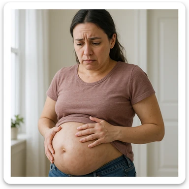 realistic woman with a swollen belly due to intestinal parasites, expression of discomfort or worry, clear and informative atmosphere sticker