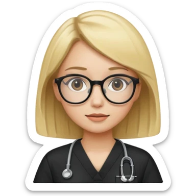 A girl in black scrubs with a blonde bob and glasses sticker