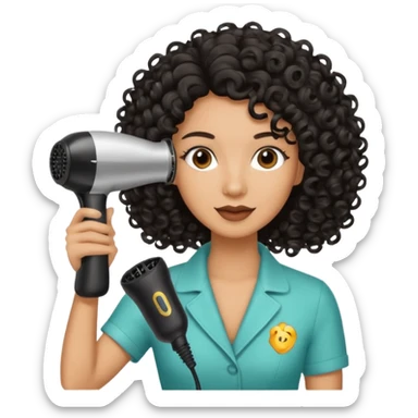 Parrucchiera con il phon in mano e la scritta coiffeur assunta capelli neri e ricci sticker