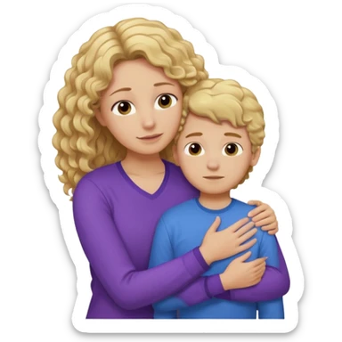 a mother with blond curly long wearing purple hugging his son with brown hair wearing blue and like saying its okay sticker