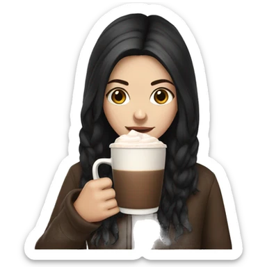 white girl with brown long black hair and a hot chocolate sticker