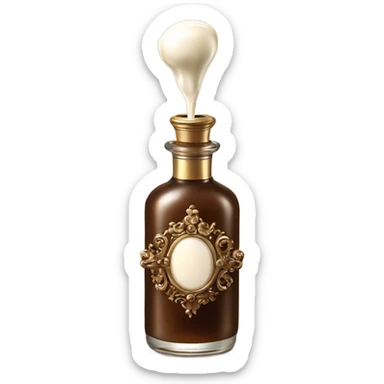 Antique parfumerie bottle with oil, made of bronze and brown crystals, white cream and coffee milk pour from the bottle sticker