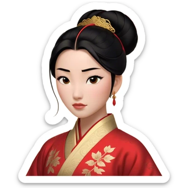 Cinematic Realistic Majestic Mulan Portrait, featuring finely rendered light skin with natural luminescence and expressive, determined eyes. Her black hair is styled with care into an elegant bun, and every fold of her traditional robe—adorned with subtle red motifs and refined gold trim—is depicted with intricate fabric detail. The scene is bathed in soft, natural light that enhances the depth and authenticity of the image, conveying a noble and serene aura that embodies timeless elegance and inner fortitude. sticker