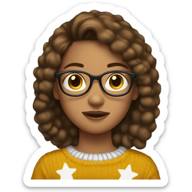 A girl brown hair glasses baggy jeans and a christmas sweater with a little yellow star between two eyebrows sticker