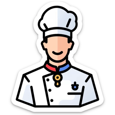 a pastry chef wearing the official uniform of Meilleurs Ouvriers de France (MOF) with a distinctive blue, white, and red collar, white chef coat, chef's hat, and medal sticker