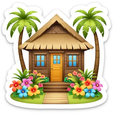 Hawaiian beach house, small tropical house, wooden walls, thatched roof, colorful flowers, palm trees, cute mobile game icon, 3D cartoon, bright colors, soft shadows, clean background, no text, no watermark sticker