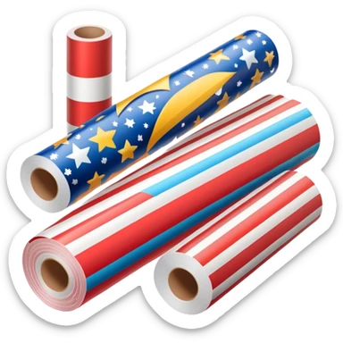 long cylindrical roll of glossy wrapping paper, partially unrolled, colorful pattern with stars, stripes, festive motifs, smooth reflective finish, crisp edges, visible cardboard tube at center, no scissors tape or ribbon, apple emoji style, soft lighting, subtle shadows, emoji scale sticker