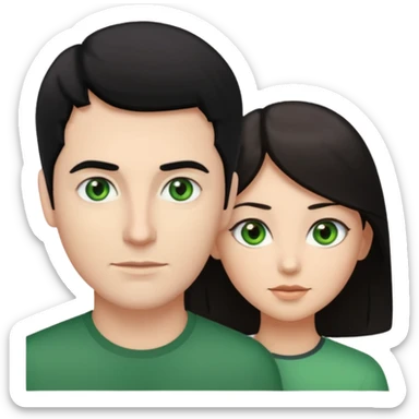 White man with black hair and green eyes woman with long light brown hair and “brown eyes” sticker