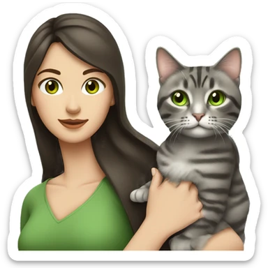A woman with long dark brown hair and green eyes holds a gray tabby cat with green eyes in her arms sticker
