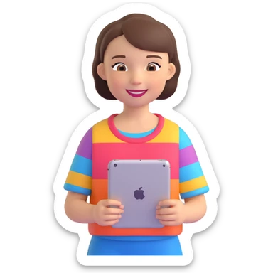 kid holding an iPad, smiling girl with short hair, colorful shirt sticker
