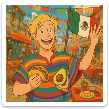 cartoon of a tall blonde American in a colorful poncho, smiling, holding a taco and avocado, waving a Mexico flag, festive street party background with food and decorations sticker