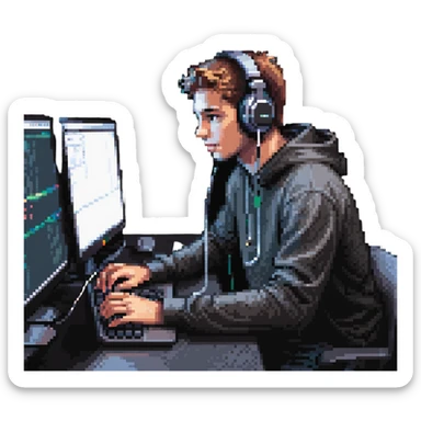 Person with headphones at computer desk recording video sticker