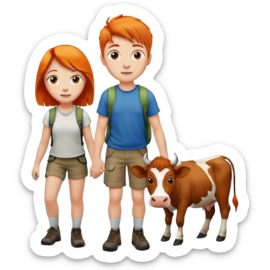 A girl with orange hair and a boy with brown hair hiking a mountain next to a cow sticker