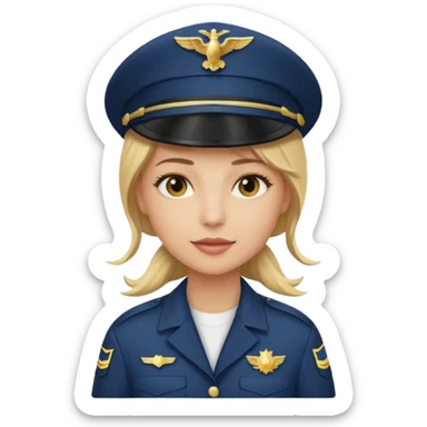 A female pilot with light skin and blonde hair under her cap sticker