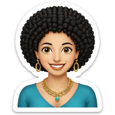 30 year old iranian woman very short curly black hair, big brown eyes, tanned skin, big smile, white teeth, pretty, afro sticker